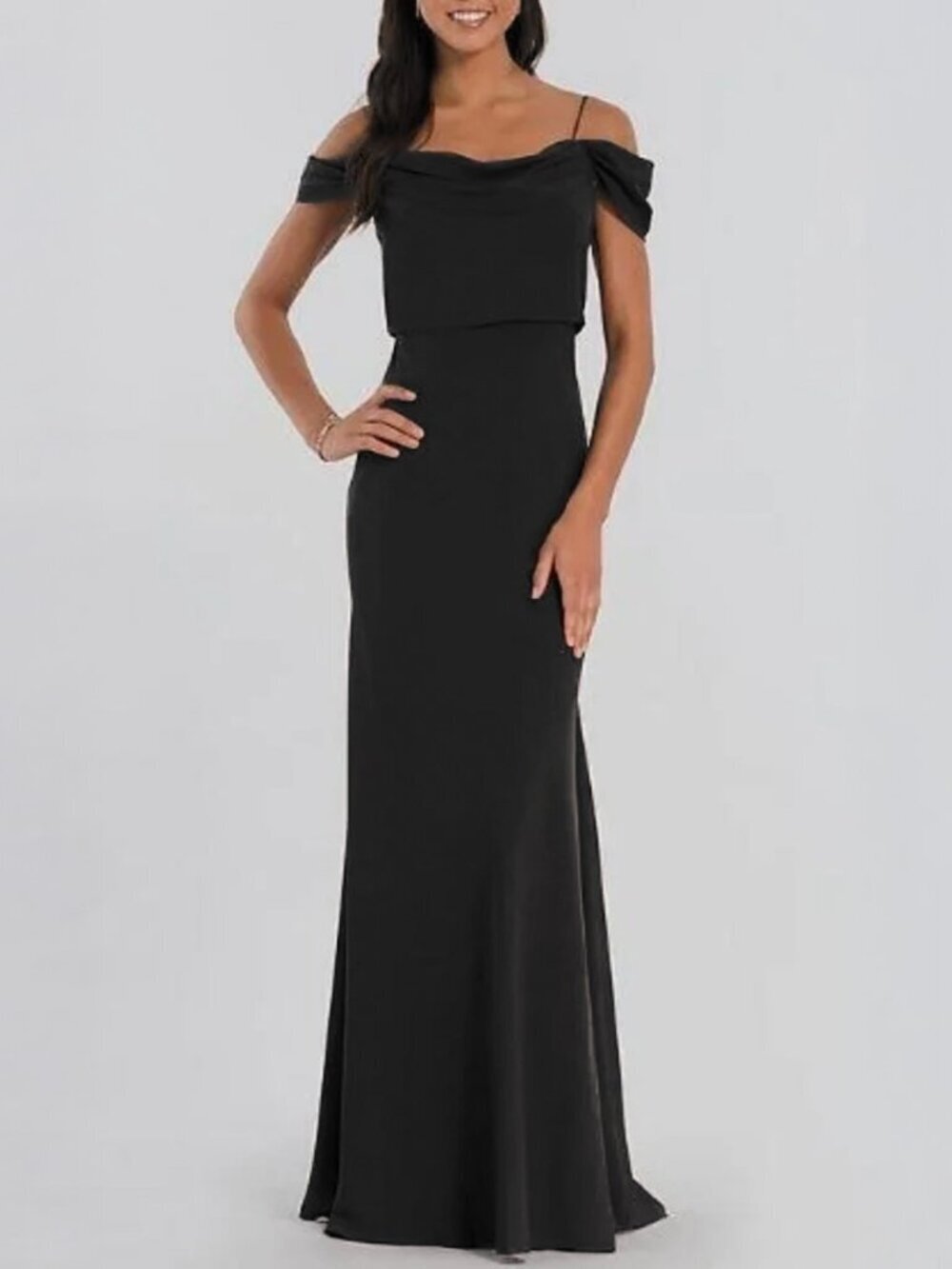 Jenny Yoo Sabine Black Stretch Crepe Off Shoulder Gown Size 0